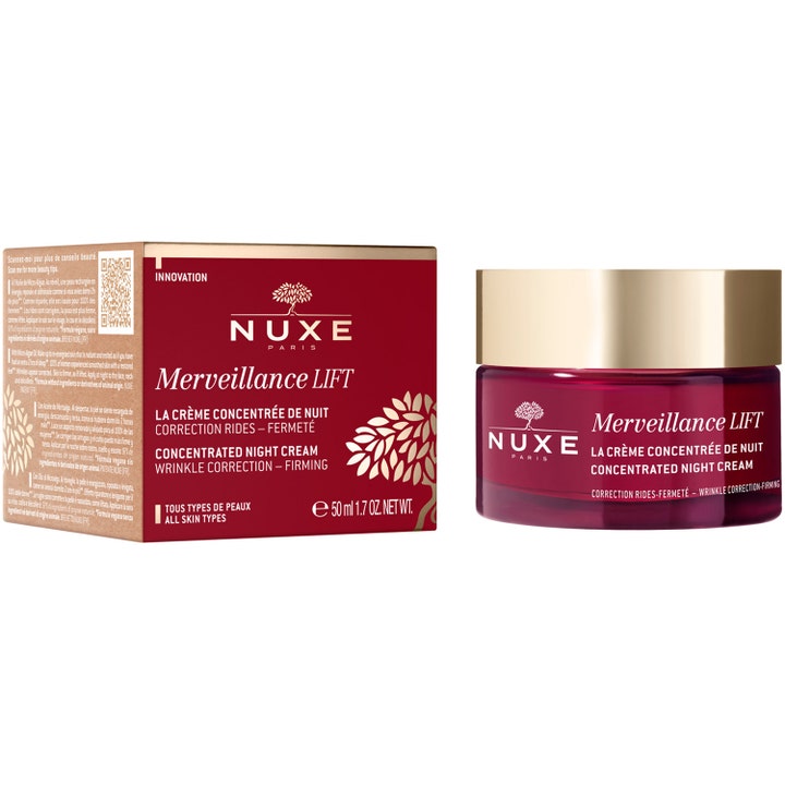 Nuxe Merveillance Lift 50 ml oppstrammende nattkrem som gir fastere hud i rød glasskrukke med gullfarget lokk.
