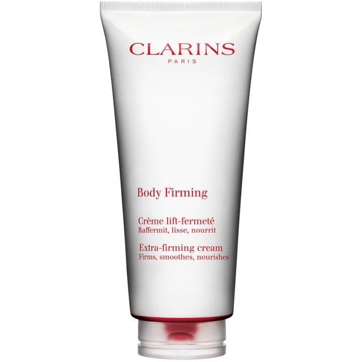 Clarins Body Firming Extra-firming cream oppstrammende kroppskrem i hvit tube med rød tekst og klar kork