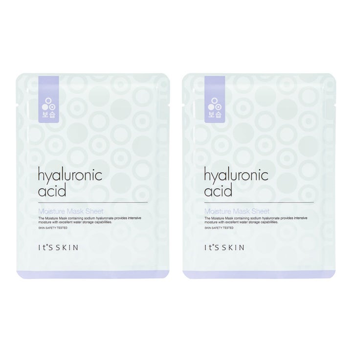 It'S SKIN Hyaluronic Acid Moisture Mask Sheet 2 stk fuktighetsgivende ansiktsmaske i lyseblå poser med sirkelmønster.