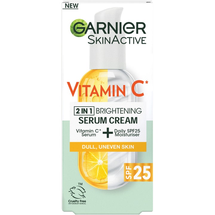 Garnier SkinActive Vitamin C 2-in-1 Serum Cream 50 ml dagkrem som gir glød i hvit eske med SPF 25 og sitrus.