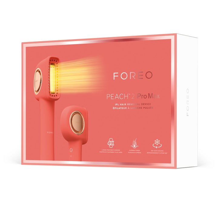 FOREO PEACH 2 Pro Max 1 stk beauty tech for IPL hårfjerning i ferskenfarget eske med lysende illustrasjon