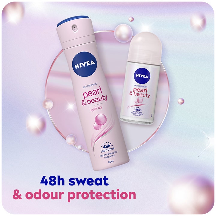 NIVEA Pearl & Beauty 50 ml roll-on og spray deodorant gir 48h protection vist med glitrende perler.
