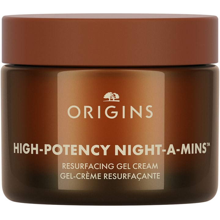 Origins High-Potency Night-A-Mins fornyende gel-nattkrem i brun krukke med matt brunt lokk som gir huden ny glød