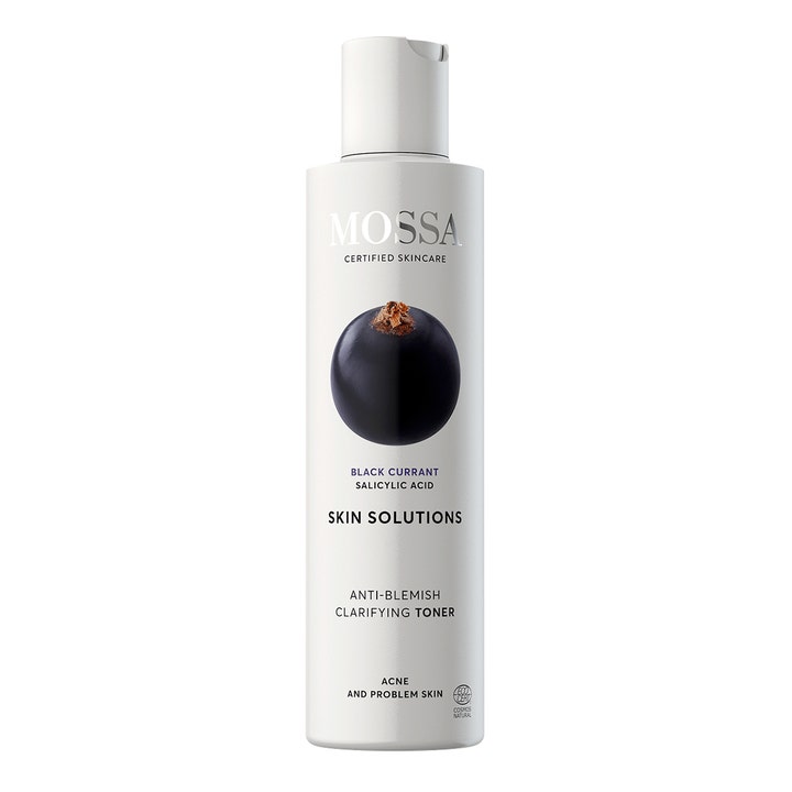 Mossa Skin Solutions Anti-Blemish Clarifying Toner 200ml mot uren hud i hvit flaske med bilde av et solbær.