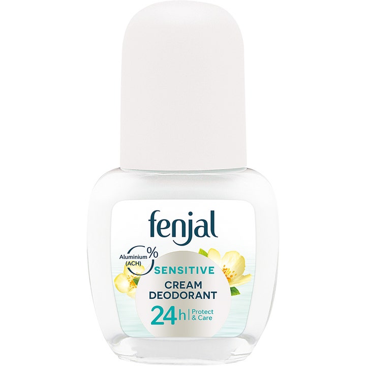 Fenjal Sensitive Cream Deodorant 50ml roll-on gir pleie til sensitiv hud i glassflaske med hvit kork og gule blomster