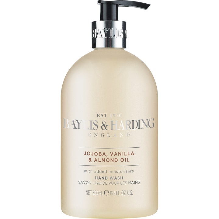 Baylis & Harding Jojoba Vanilla &amp; Almond Oil 500 ml fuktighetsgivende håndsåpe i frostet beige flaske med sølvdetaljer
