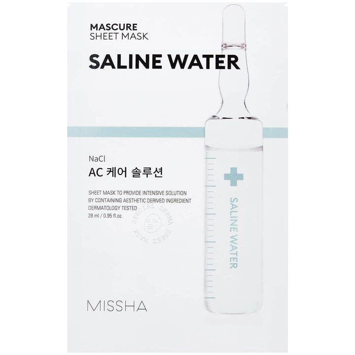 Missha Mascure Sheet Mask Saline Water 28 ml beroligende ansiktsmaske i hvit sachet med illustrasjon av en glassampulle