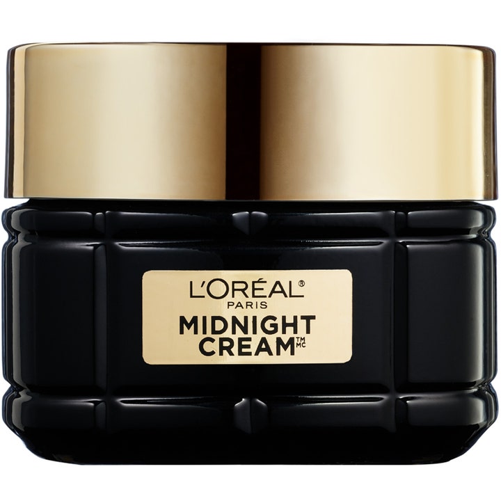 L'Oréal Paris Midnight Cream nattkrem som styrker huden i en svart rillet glasskrukke med luksuriøst gullokk