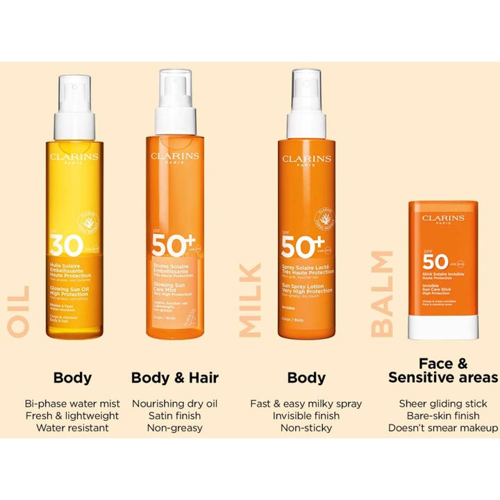 Clarins Invisible Sun Care Stick 17 g solkrem for ansiktet i oransje hylse vist i en serie med solbeskyttelse.