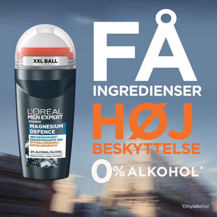 L'Oréal Paris Men Expert Magnesium Defence 50 ml herrdeodorant gir 48H beskyttelse med XXL ball og oransje detaljer