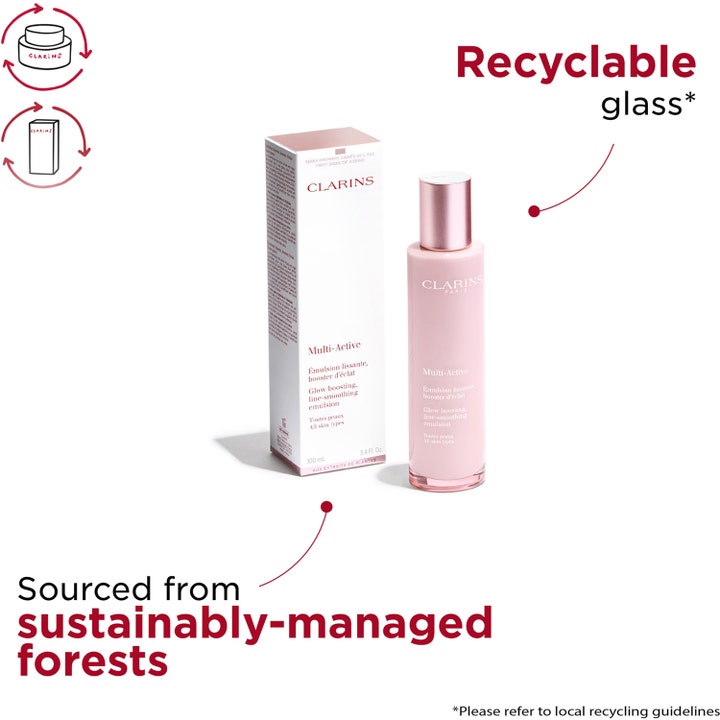 Clarins Multi-Active Glow Boosting Emulsion 100 ml utjevnende ansiktsemulsjon i rosa glassflaske med tilhørende eske