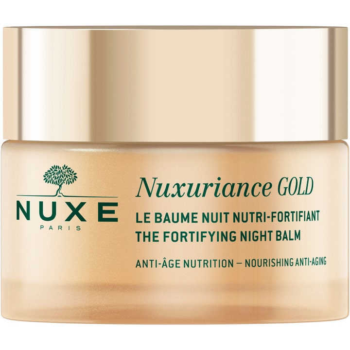 Nuxe Nuxuriance Gold The Fortifying Night Balm 50 ml nærende nattkrem i gyllen glasskrukke med gullfarget lokk.