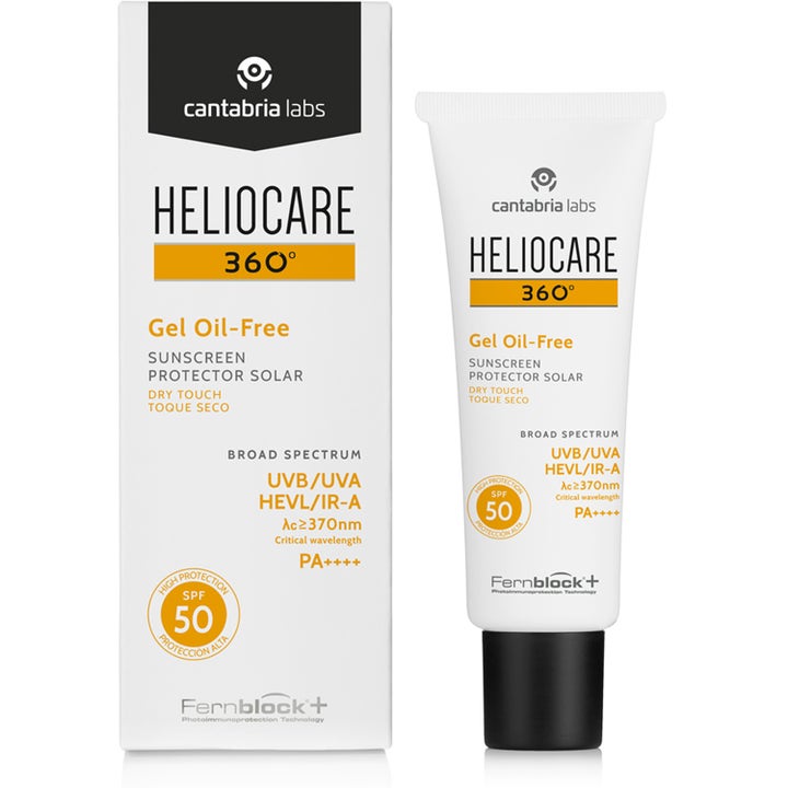 Heliocare 360 Gel Oil-Free 50 ml solkrem med SPF 50 i hvit tube og eske med oransje detaljer