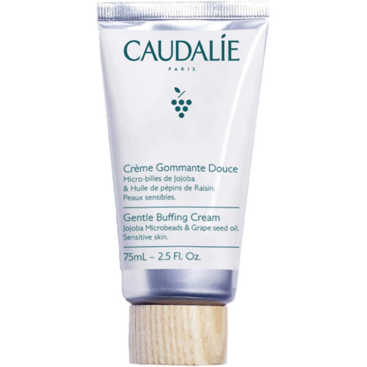 Caudalie Gentle Buffing Cream 75 ml eksfolierende ansiktsskrubb for sensitiv hud i hvit tube med trekork.