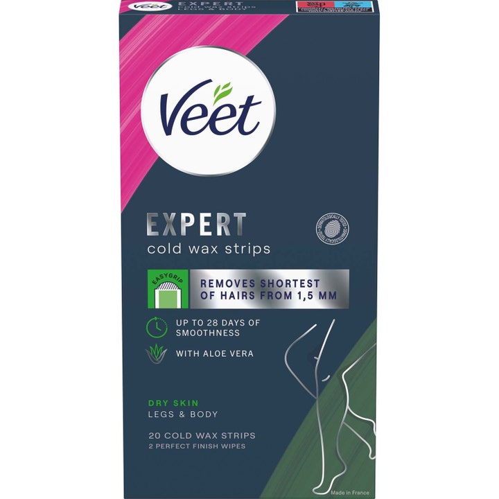 Veet Expert Cold Wax Strips 20 stk voksstrips for tørr hud med aloe vera i mørkeblå eske med rosa detaljer