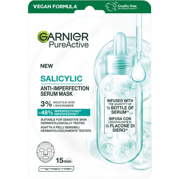 Garnier PureActive Salicylic Anti-Imperfection Serum Mask 1 stk ansiktsmaske mot urenheter i hvit og grønn pose