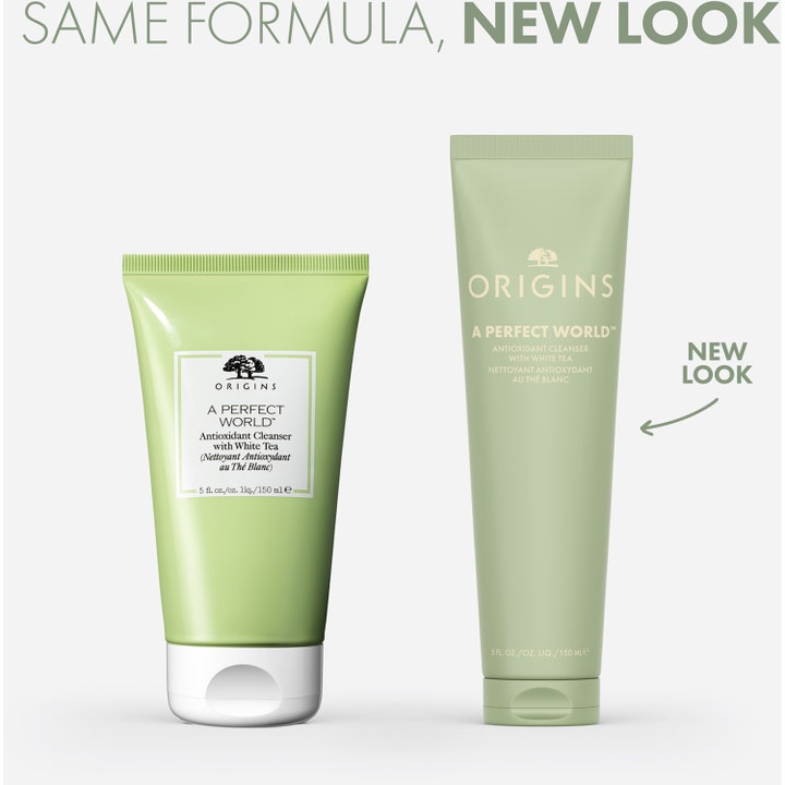 Origins A Perfect World Antioxidant Cleanser 150 ml renseskum viser gammel og ny lysegrønn tube med hvit te.