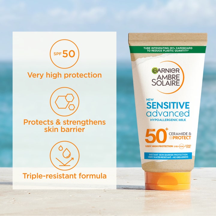 Garnier Sensitive Advanced 175 ml solkrem SPF 50 styrker hudbarrieren i en tube med papp og ceramider