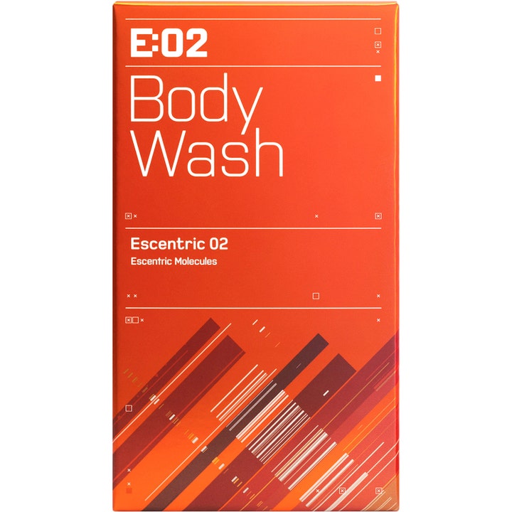 Escentric Molecules Escentric 02 Body Wash 200 ml oppfriskende dusjsåpe i oransje eske med grafiske striper.