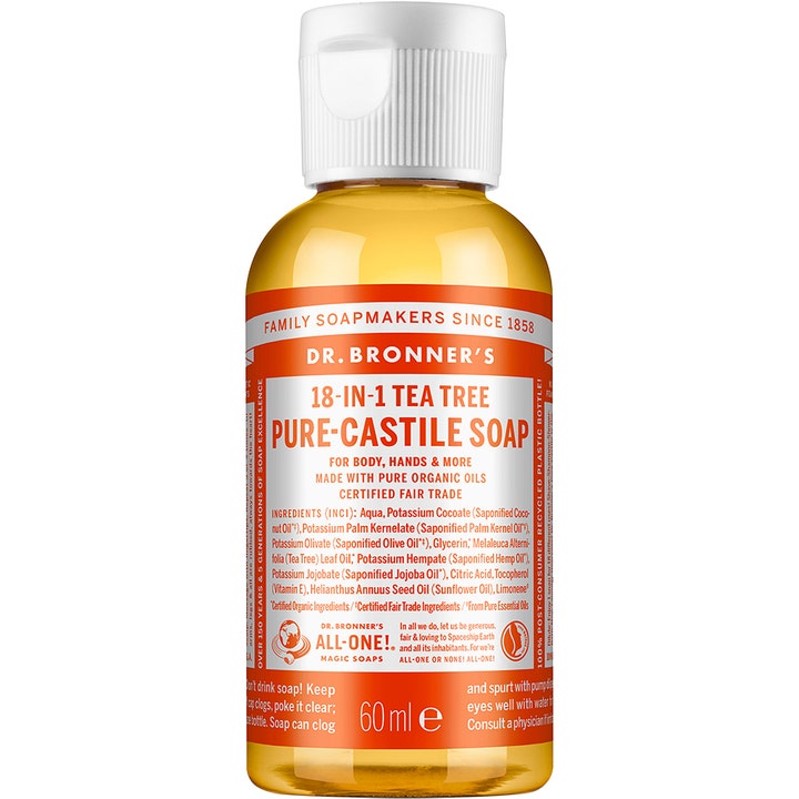 Dr. Bronner's 18-in-1 Tea Tree Pure-Castile Soap 60 ml rensende såpe i plastflaske med oransje etikett og hvitt lokk.