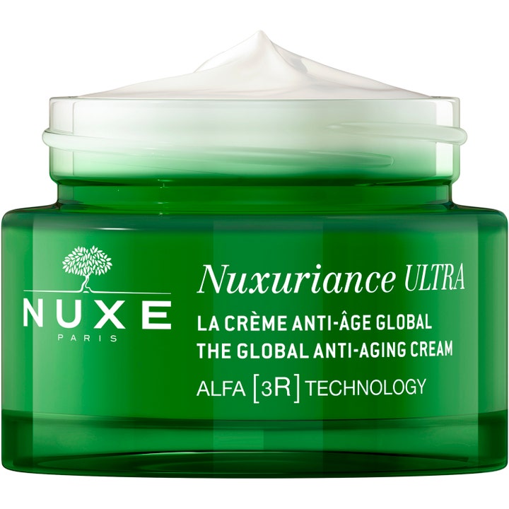 Nuxe Nuxuriance ULTRA 50 ml anti-aging dagkrem i grønn glasskrukke med synlig hvit krem med ALFA [3R] TECHNOLOGY