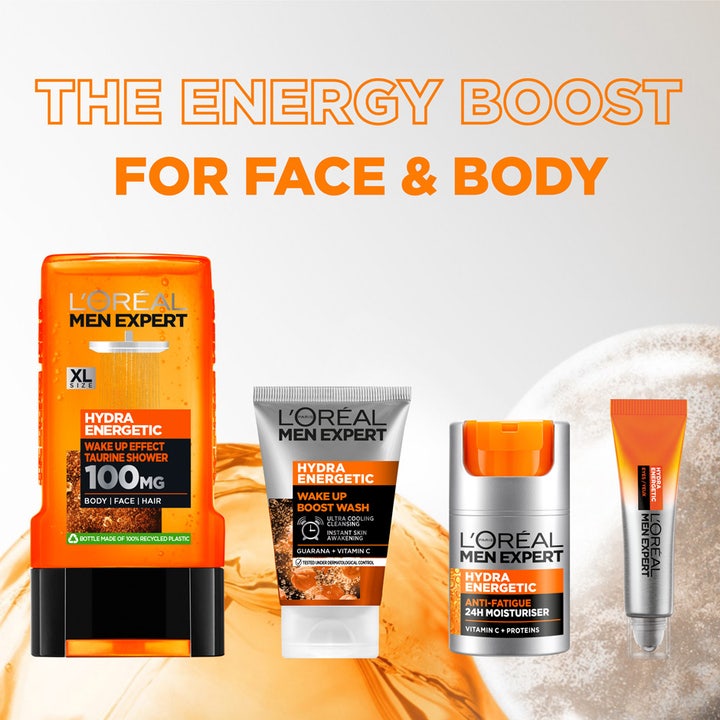 L'Oréal Paris Men Expert Hydra Energetic hudpleiesett med fire oppfriskende produkter som gir huden ny energi.