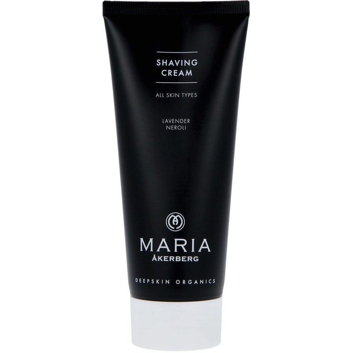 Maria Åkerberg Shaving Cream 100 ml beroligende barberkrem i en stilren svart tube med hvit kork og hvit tekst.