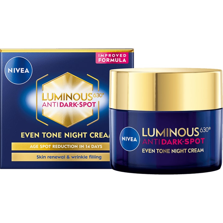 Nivea Luminous 630 Even Tone Night Cream nattkrem mot pigmentflekker i mørkeblå krukke med skinnende gulllokk