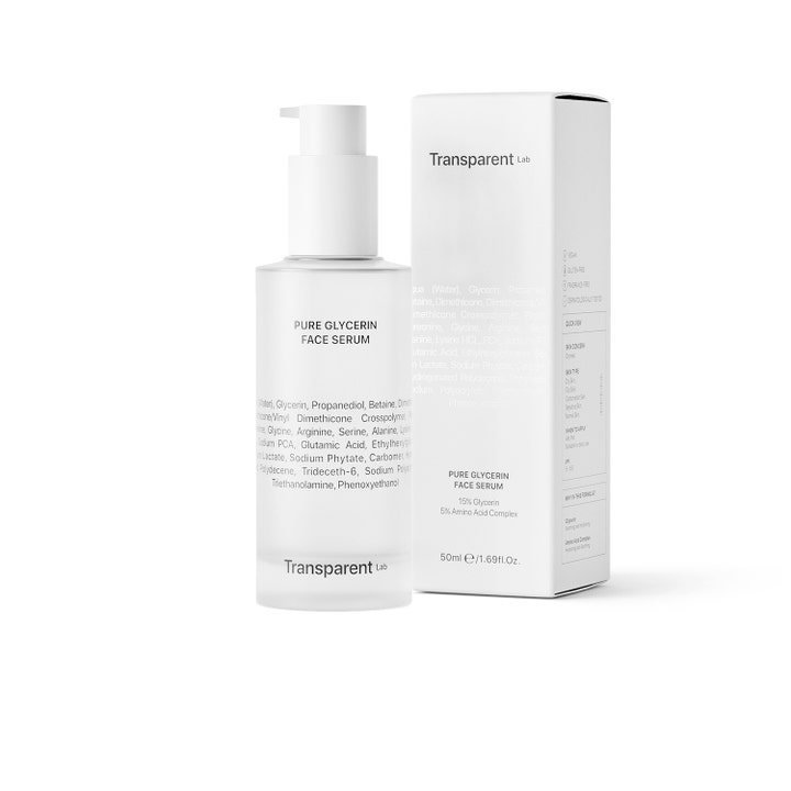 Niche Beauty Lab Transparent Lab Pure Glycerin Face Serum 50 ml fuktighetsgivende serum i hvit pumpeflaske og tilhørende eske