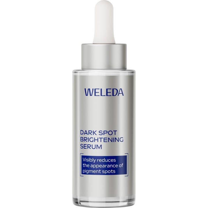 Weleda Dark Spot Brightening Serum 30 ml lysnende serum mot pigmentflekker i sølvfarget glassflaske med hvit pipette.