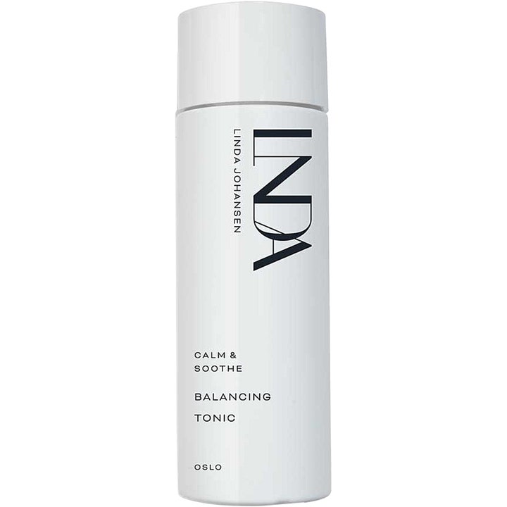 Linda Johansen Calm & Soothe Balancing Tonic 200 ml beroligende ansiktsvann i hvit sylindrisk flaske med sort skrift