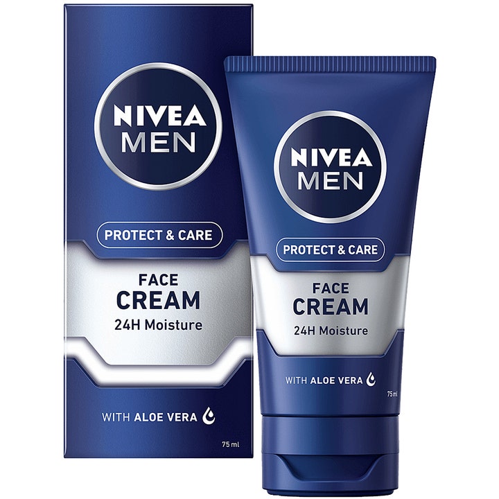 NIVEA MEN Protect & Care Face Cream 75 ml fuktighetsgivende ansiktskrem med aloe vera på blå tube og eske