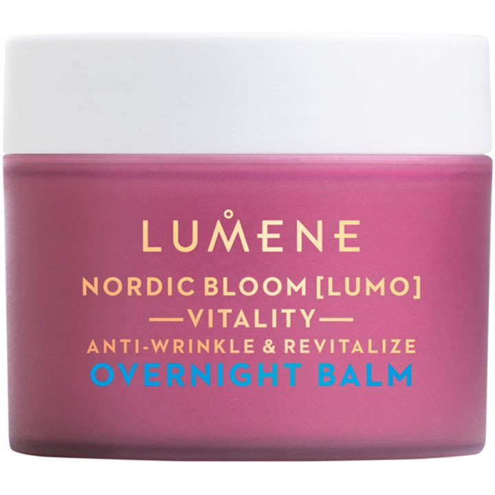 Lumene Nordic Bloom Lumo Vitality Overnight Balm 50 ml nattkrem som revitaliserer i frostet lilla krukke med hvitt lokk