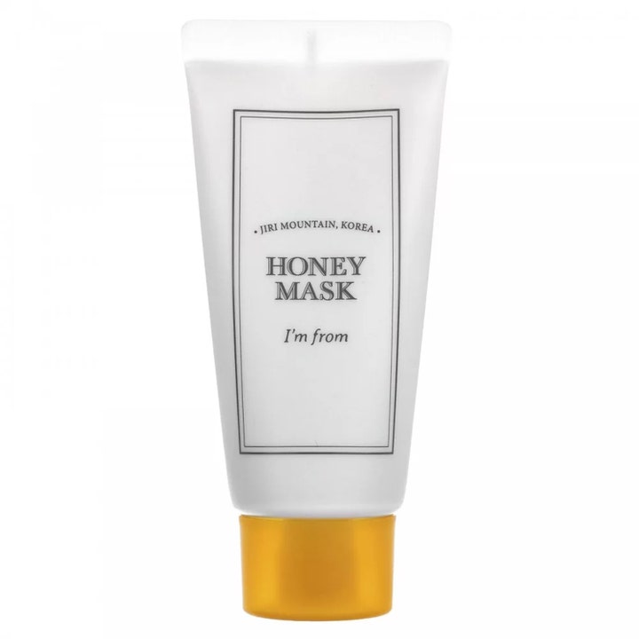 I'm from Honey Mask fuktighetsgivende ansiktsmaske i hvit tube med gullokk for pleiende koreansk hudpleie.