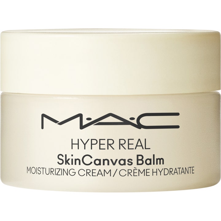 MAC Hyper Real SkinCanvas Balm fuktighetskrem i en elegant krukke av frostet glass med hvitt lokk.