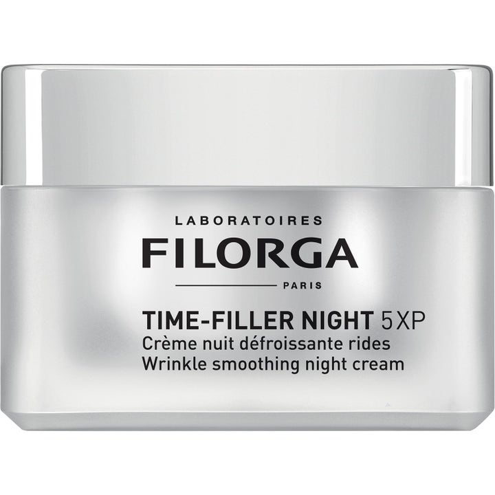 Filorga Time-Filler Night 5XP 50ml utglattende nattkrem i en stilren sølvfarget krukke med metallisk lokk