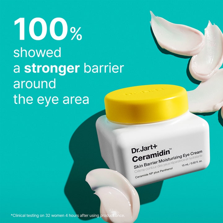 Dr.Jart+ Ceramidin Eye Cream 15 ml styrkende øyekrem i hvit krukke med gult lokk og teksturprøver på blå bakgrunn.