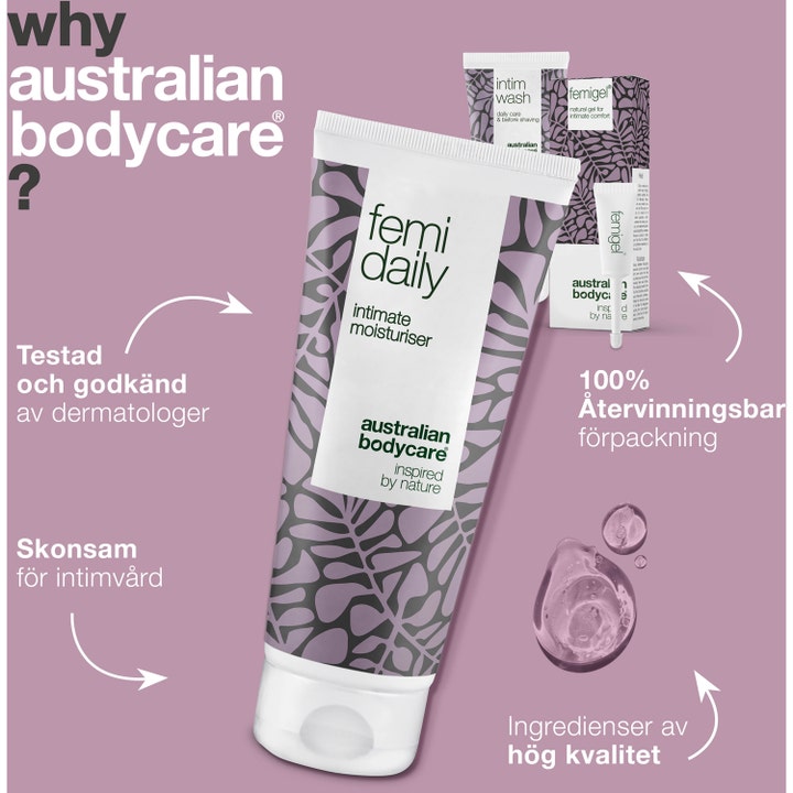 Australian Bodycare Intimate Treatment Kit 325 ml for intimvård viser Femi Daily tube og klar gel på lilla bakgrunn