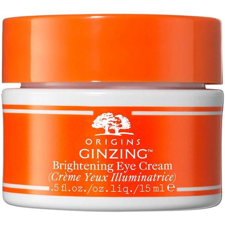 Origins GinZing Brightening Eye Cream 15 ml opplysende øyekrem i hvit krukke med oransje lokk