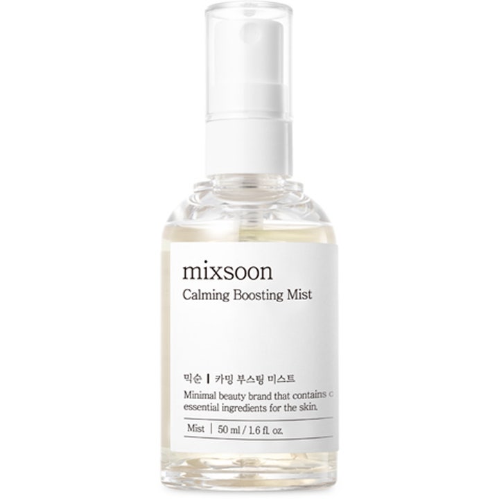Mixsoon Calming Boosting Mist 50 ml beroligende ansiktsspray i klar flaske med hvit etikett og gjennomsiktig kork