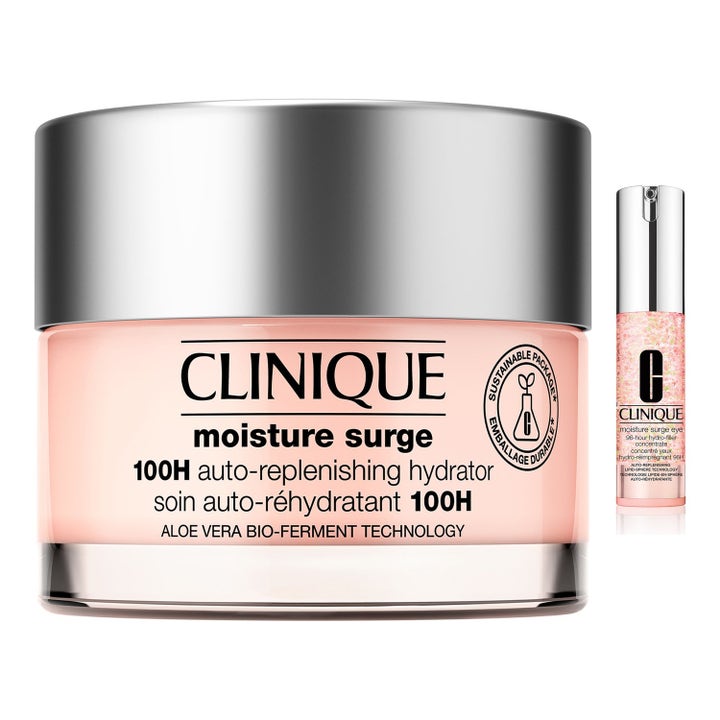 Clinique Moisture Surge 100H fuktighetskrem og øyeserum gir glød i rosa glasskrukke og pumpeflaske med sølvlokk.