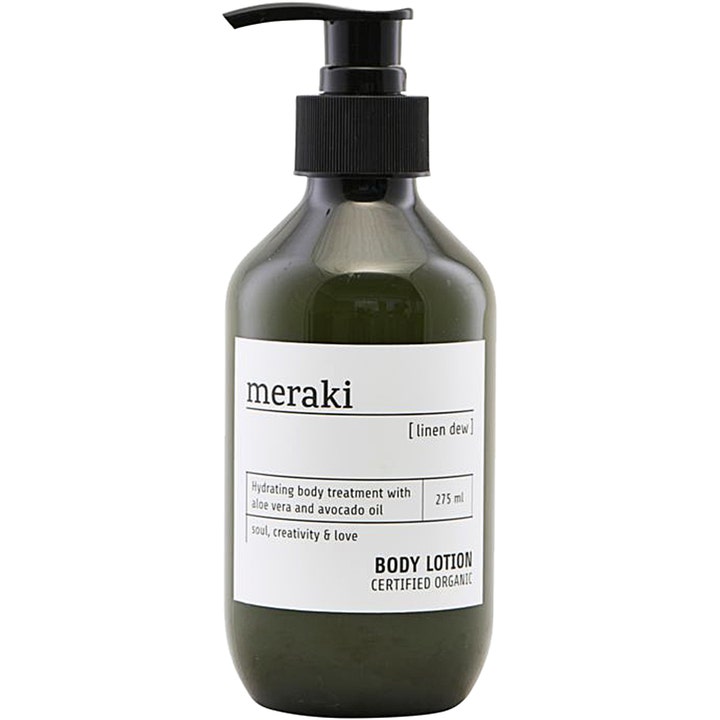 Meraki Linen Dew 275 ml økologisk body lotion som gir fuktighet i mørkegrønn plastflaske med pumpe