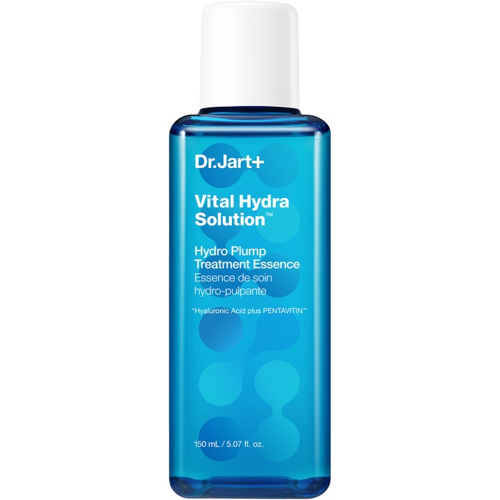 Dr.Jart+ Vital Hydra Solution 150 ml fuktighetsgivende ansiktsessens i en blå gjennomsiktig flaske med hvit kork