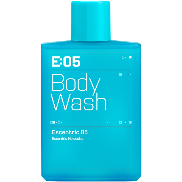 Escentric Molecules Escentric 05 Body Wash 200ml i en knallblå, firkantet flaske som rengjør og gir fuktighet.
