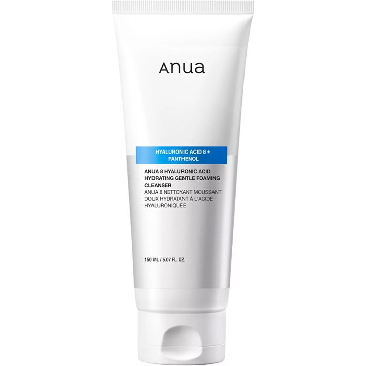 Anua 8 Hyaluronic Acid Hydrating Gentle Foaming Cleanser 150 ml fuktighetsgivende ansiktsrens i hvit tube med blått bånd