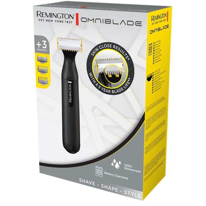 Remington Omniblade HG1000 skjeggtrimmer i hvit eske med tre tilbehørskammer og batteridrevet funksjon
