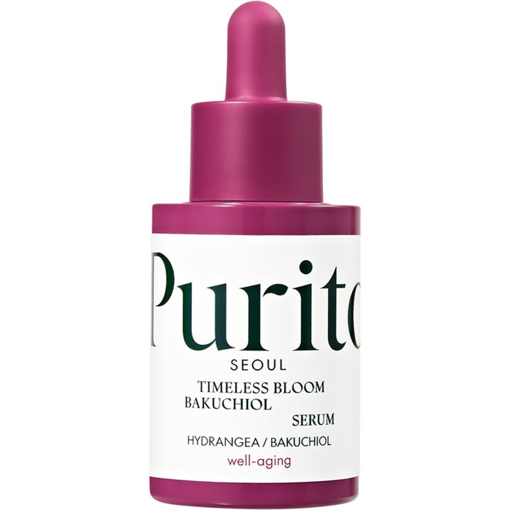 Purito Seoul Timeless Bloom Bakuchiol Serum 30ml well-aging k-beauty serum i lilla flaske med hvit etikett og pipette