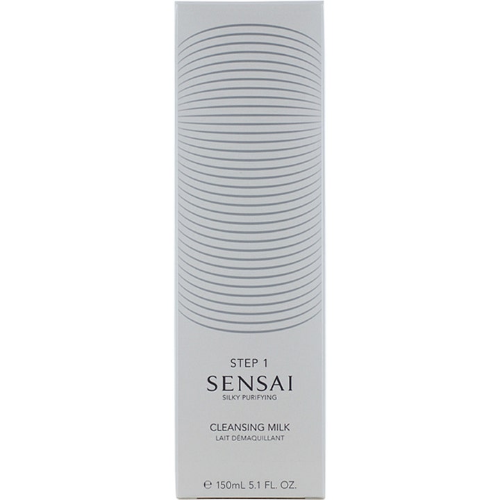 Sensai Silky Purifying Cleansing Milk Step 1 150 ml ansiktsrengjøring i hvit eske med sirkelformet linjemønster