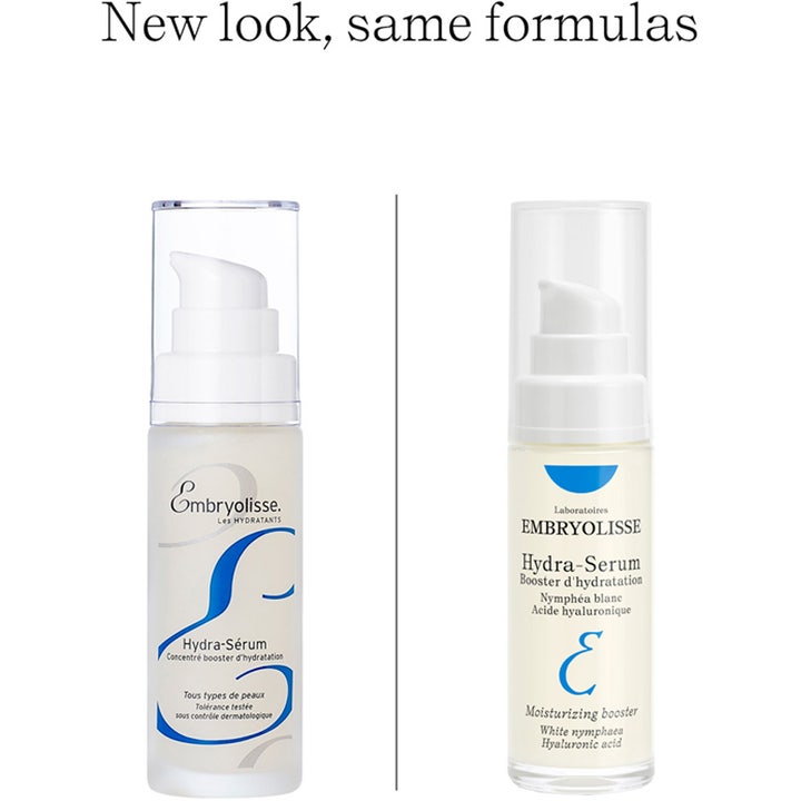 Embryolisse Hydra Serum 30 ml fuktighetsgivende serum viser gammelt og nytt design på hvit pumpeflaske
