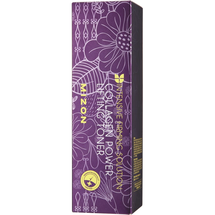 Mizon Collagen Power Lifting Toner 120 ml oppstrammende toner i lilla eske med blomstermønster og gul tekst